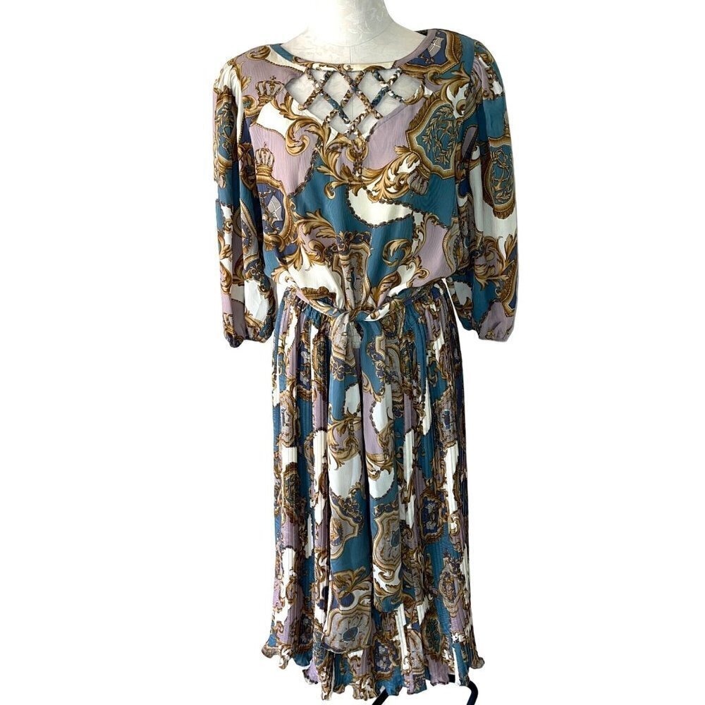 Diane Freis Original Georgette Dress Womens Braid Work Pleated Scarf Vintage